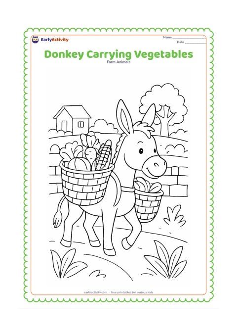 Colouring page: A smiling donkey walks along a village path carrying two large baskets of vegetables on a simple padded pack. Add a low mud-brick wall, broad leafy plants and a distant tree.