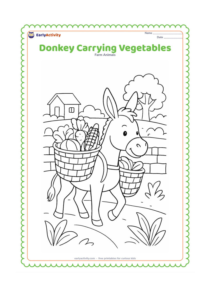 Colouring page: A smiling donkey walks along a village path carrying two large baskets of vegetables on a simple padded pack. Add a low mud-brick wall, broad leafy plants and a distant tree.