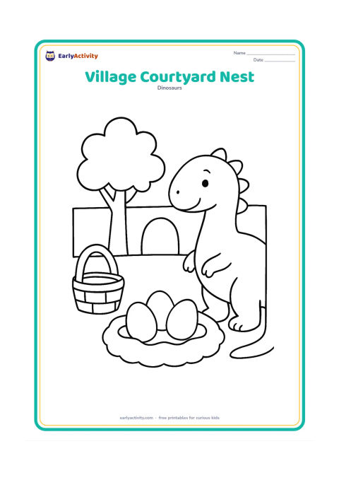Colouring page: A dinosaur nest with three eggs sits in a quiet Indian-style courtyard beside a woven basket and a leafy tree. A gentle dinosaur parent looks over the nest from the far side.