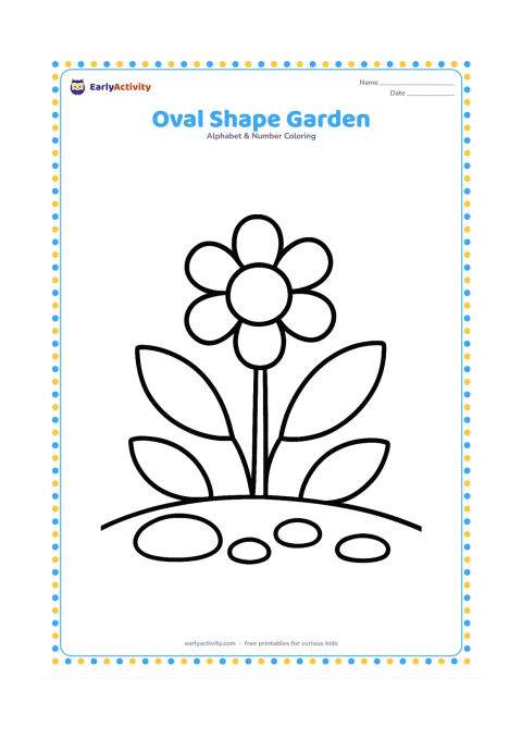 Colouring page: Draw a cheerful garden containing several large oval leaves, oval stones and one oval flower centre, with a simple curved ground line. Do not arrange the ovals as a letter or symbol.