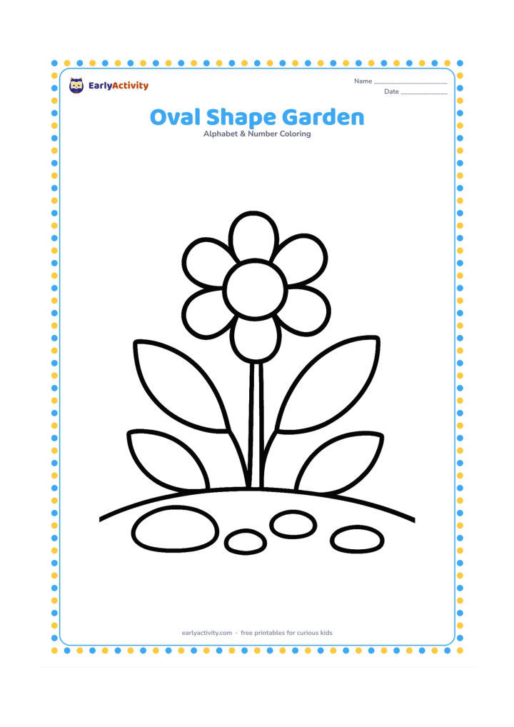 Colouring page: Draw a cheerful garden containing several large oval leaves, oval stones and one oval flower centre, with a simple curved ground line. Do not arrange the ovals as a letter or symbol.