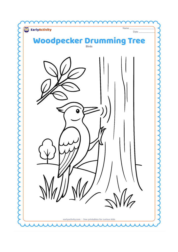 Colouring page: A woodpecker taps rapidly on a tree trunk, with several curved motion marks near its beak to suggest drumming. Add a leafy branch, woodland grasses and a distant tree.