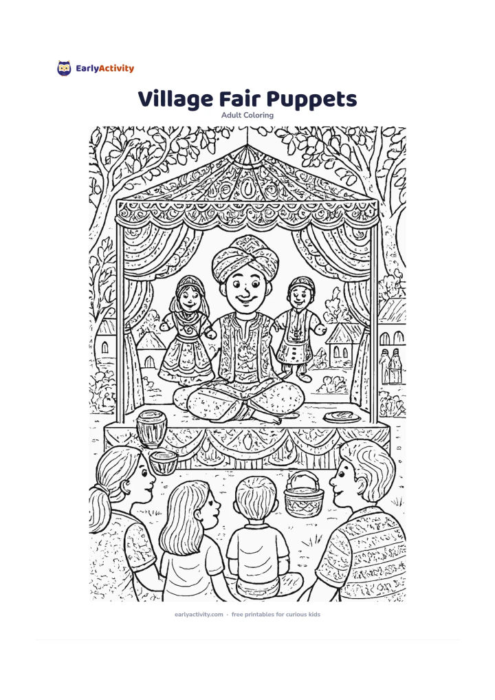Colouring page: Show a friendly village puppet performer seated beneath a decorated canopy, holding two colourful-looking puppets above a small stage, with drums, fabric swags, baskets, trees, and…
