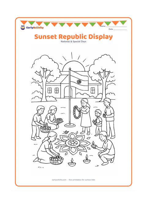 Colouring page: Draw a community courtyard at sunset where children and adults arrange flowers and lamps around an Indian flag on a secure stand. Include a community building, leafy trees, a…