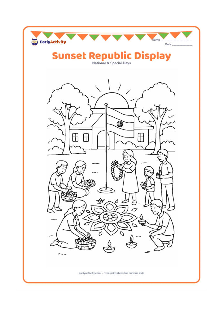Colouring page: Draw a community courtyard at sunset where children and adults arrange flowers and lamps around an Indian flag on a secure stand. Include a community building, leafy trees, a…