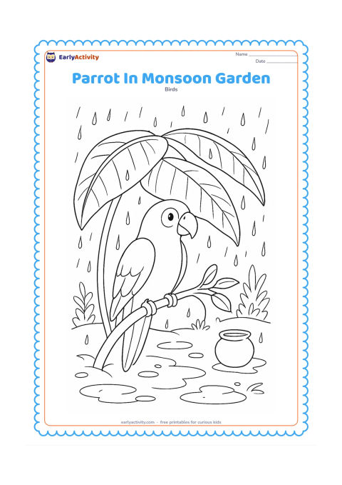 Colouring page: Draw a parrot sheltering beneath broad banana leaves during light rain, with puddles, wet leaves, a small earthen pot, and distant garden plants. The bird should grip a bent branch and…