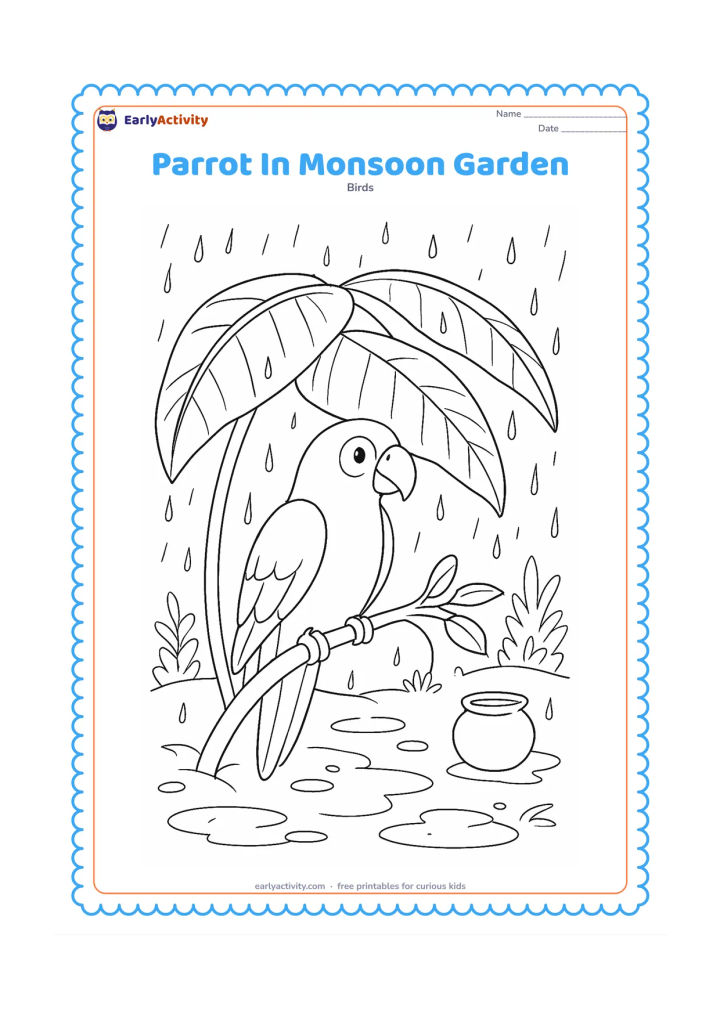 Colouring page: Draw a parrot sheltering beneath broad banana leaves during light rain, with puddles, wet leaves, a small earthen pot, and distant garden plants. The bird should grip a bent branch and…