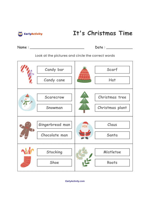 Worksheet with Christmas pictures, including a candy cane, Christmas tree, snowman, gingerbread man, Santa, stocking and mistletoe, with two word choices for each.