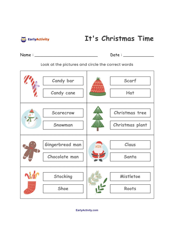 Worksheet with Christmas pictures, including a candy cane, Christmas tree, snowman, gingerbread man, Santa, stocking and mistletoe, with two word choices for each.