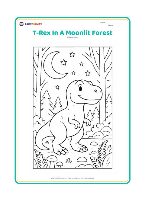 Colouring page: A friendly T-Rex stands in a moonlit forest with a large crescent moon, layered tree trunks, ferns, mushrooms, rocks, and a starry sky. Use gentle facial features and a relaxed posture.