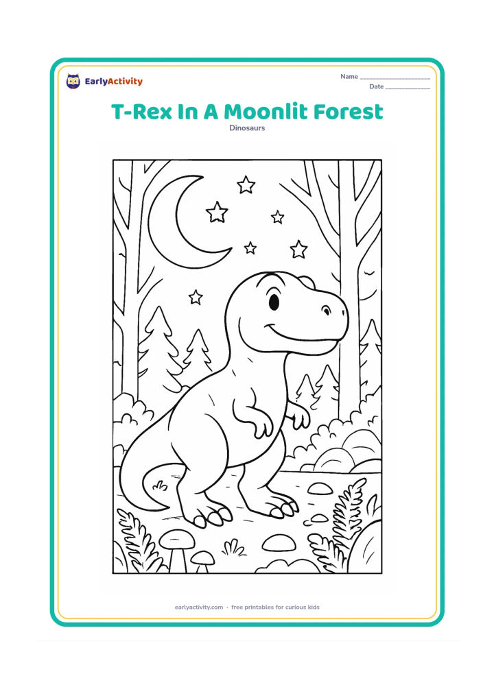 Colouring page: A friendly T-Rex stands in a moonlit forest with a large crescent moon, layered tree trunks, ferns, mushrooms, rocks, and a starry sky. Use gentle facial features and a relaxed posture.