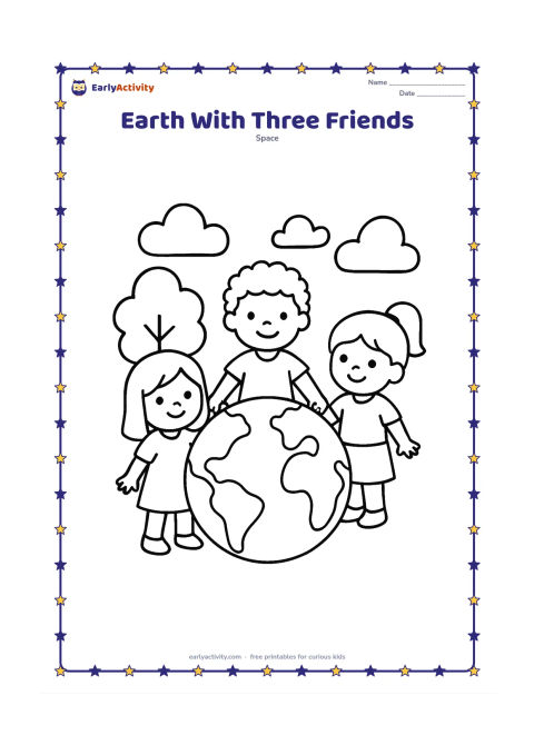 Colouring page: Three children from different backgrounds stand around a large round Earth and hold hands, with one simple tree and a few clouds behind them. The Earth has broad continents and oceans…