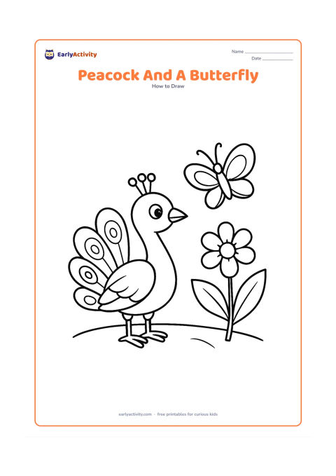 Worksheet: A simple standing peacock with a half-open tail looks toward one large butterfly above a flower. Add two broad leaves and a curved ground line.