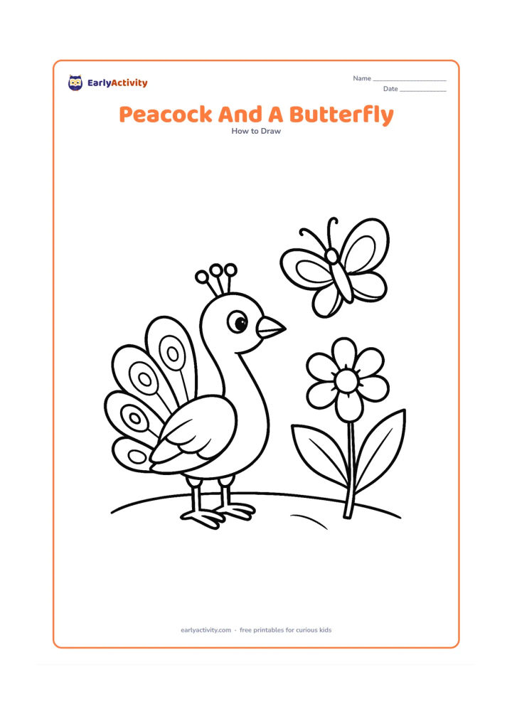 Worksheet: A simple standing peacock with a half-open tail looks toward one large butterfly above a flower. Add two broad leaves and a curved ground line.