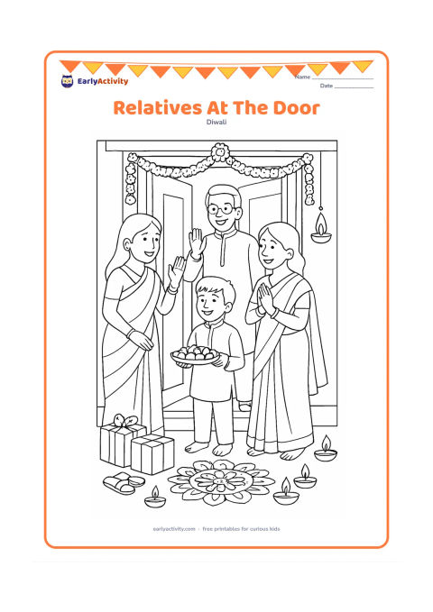Colouring page: Draw a detailed Diwali arrival scene at an Indian home, with relatives greeting each other at the decorated doorway while a child offers a tray of sweets. Add gift boxes, flower…