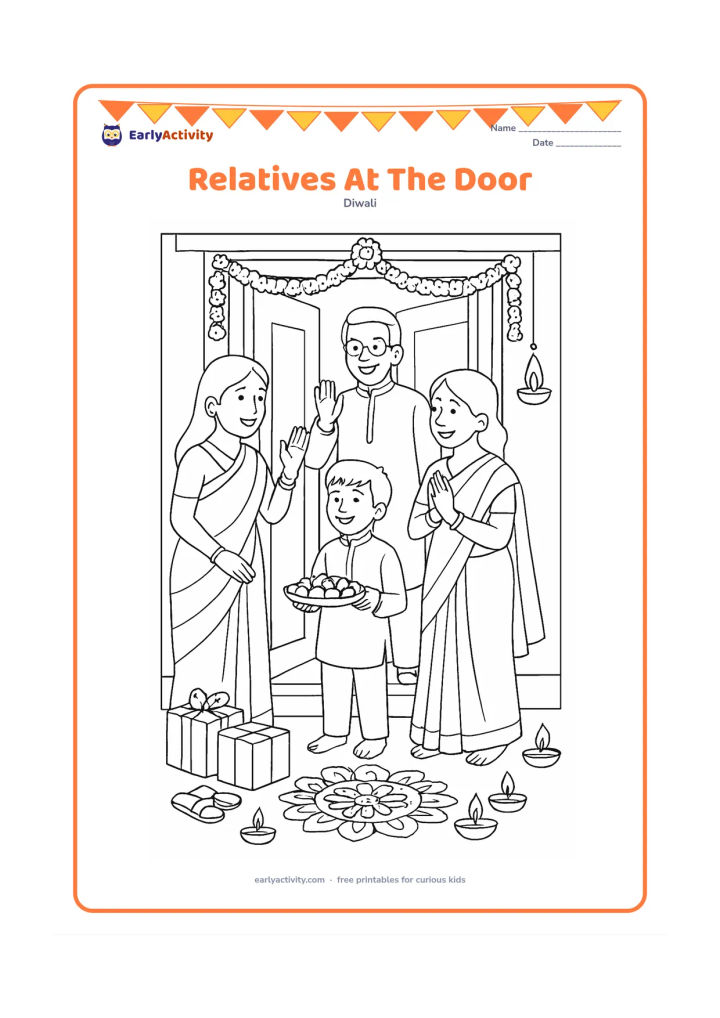 Colouring page: Draw a detailed Diwali arrival scene at an Indian home, with relatives greeting each other at the decorated doorway while a child offers a tray of sweets. Add gift boxes, flower…