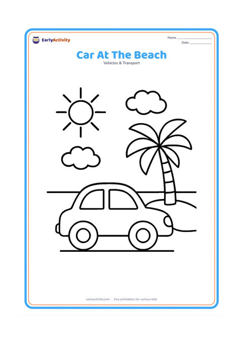 Colouring page: Draw a simple car parked near a beach, with a large sun, two clouds, a palm tree and a gently curved shoreline behind it. Show the car in side view facing the water.