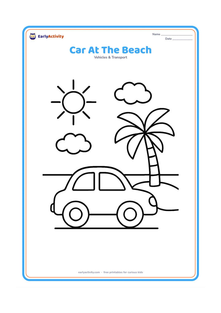 Colouring page: Draw a simple car parked near a beach, with a large sun, two clouds, a palm tree and a gently curved shoreline behind it. Show the car in side view facing the water.