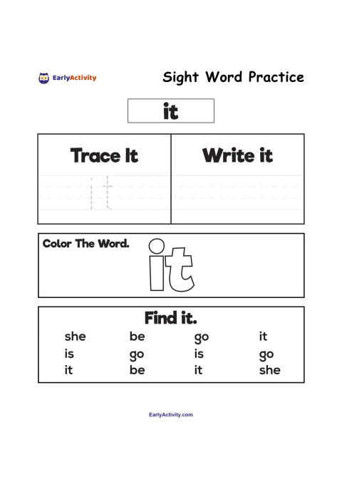 Worksheet for practising the sight word “it” with tracing, writing, colouring and finding the word among other short words.