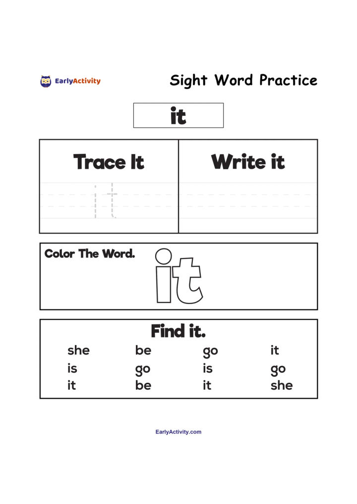 Worksheet for practising the sight word “it” with tracing, writing, colouring and finding the word among other short words.