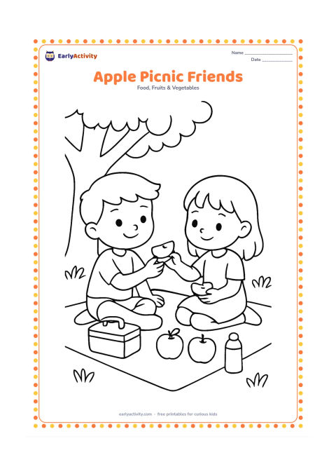 Colouring page: Draw two children sharing sliced apples on a picnic mat under a tree. Include a lunch box, a water bottle, two whole apples and a few broad grass shapes.