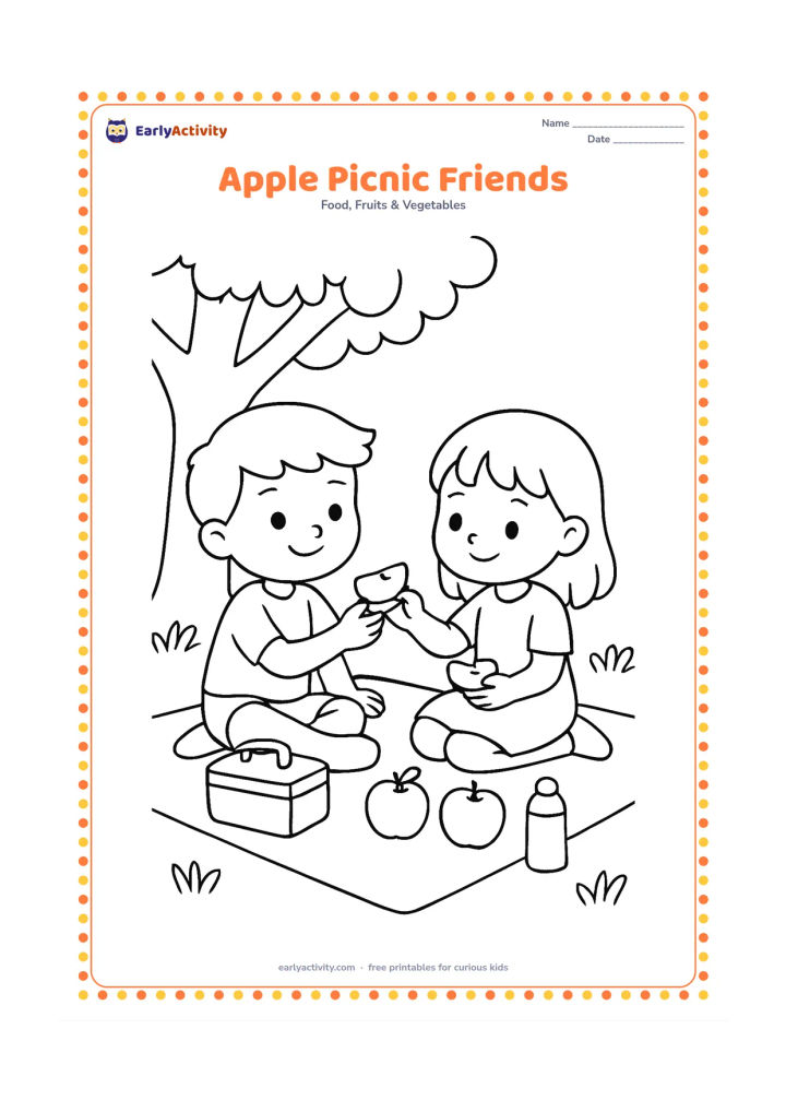 Colouring page: Draw two children sharing sliced apples on a picnic mat under a tree. Include a lunch box, a water bottle, two whole apples and a few broad grass shapes.