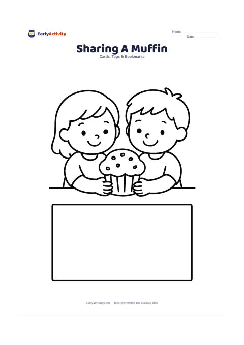 Worksheet: Two smiling children sit side by side and hold one large muffin together, with a wide empty panel beneath them for a message. Add a simple table edge and no other small objects.