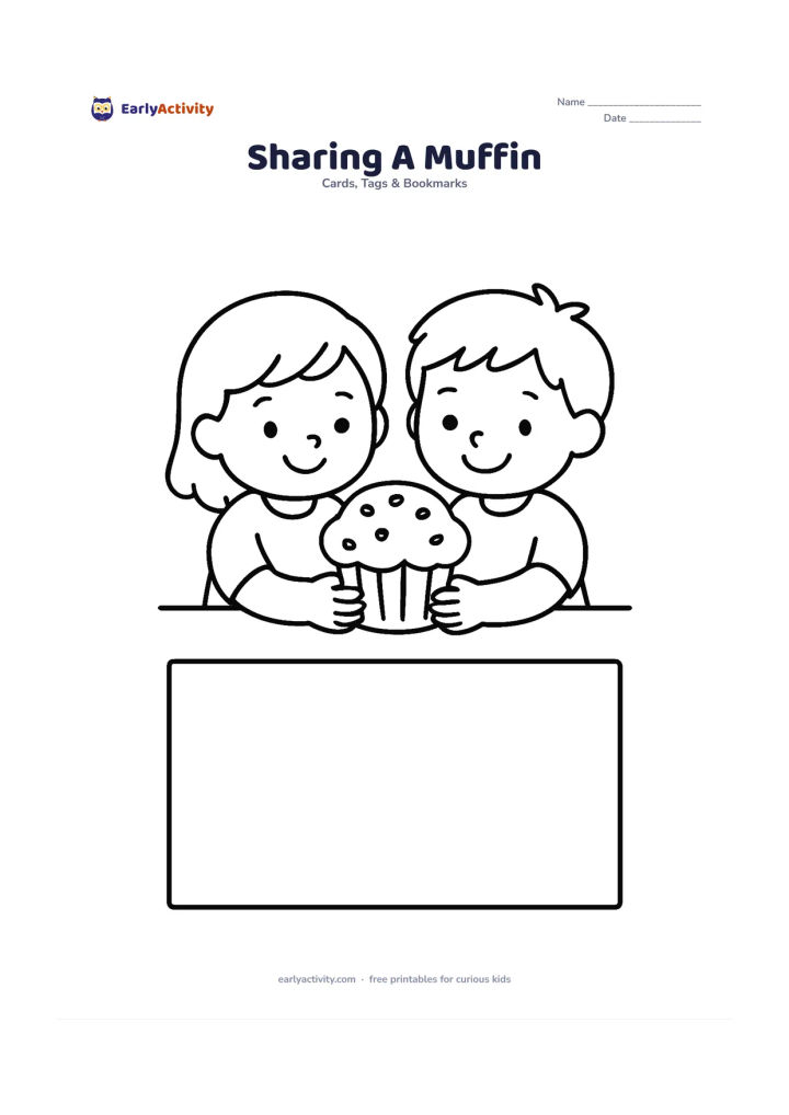 Worksheet: Two smiling children sit side by side and hold one large muffin together, with a wide empty panel beneath them for a message. Add a simple table edge and no other small objects.