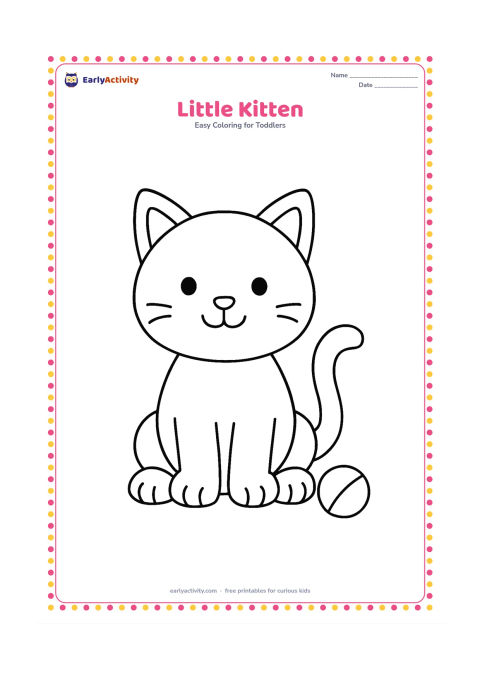 Colouring page: A cheerful kitten sits facing forward with a round head, upright ears, large paws and a curling tail. Add one small ball beside it.