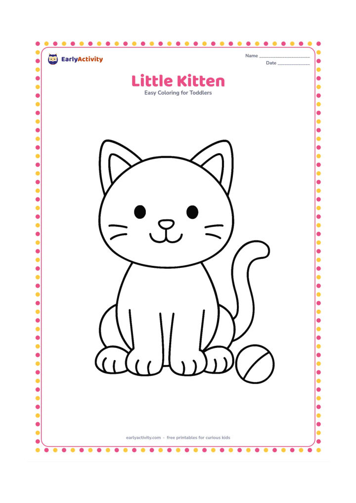 Colouring page: A cheerful kitten sits facing forward with a round head, upright ears, large paws and a curling tail. Add one small ball beside it.
