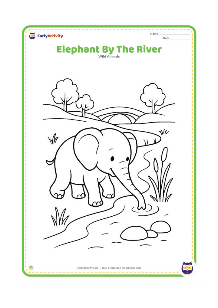 Colouring page: Draw an elephant walking along the edge of a gently curving river with its trunk reaching toward the water. Add reeds, smooth stones, distant trees and a small bridge far behind.