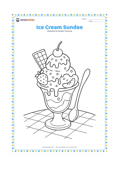 Colouring page: Draw a tall ice cream sundae in a glass dish with several scoops, a wafer, fruit pieces, a cherry, sauce drips, and a spoon on a checked tablecloth.