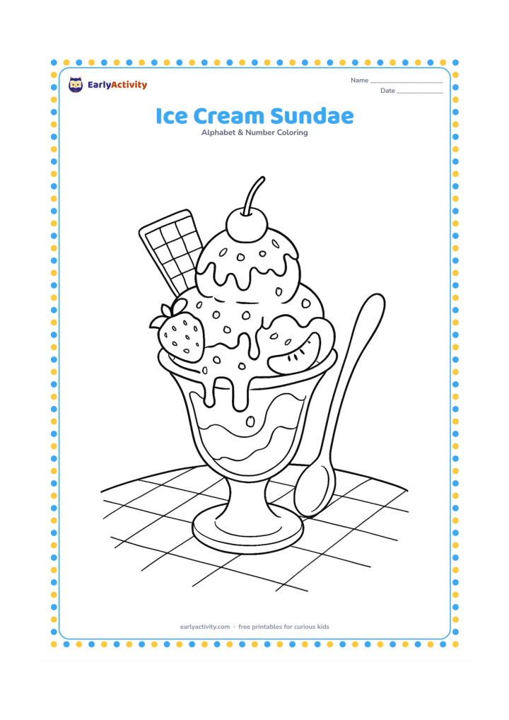 Colouring page: Draw a tall ice cream sundae in a glass dish with several scoops, a wafer, fruit pieces, a cherry, sauce drips, and a spoon on a checked tablecloth.