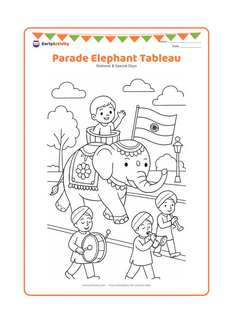 Colouring page: Draw a decorated parade elephant moving slowly in a Republic Day procession, with a child waving from a secure seat and an Indian flag carried by a marcher beside it. Add musicians,…