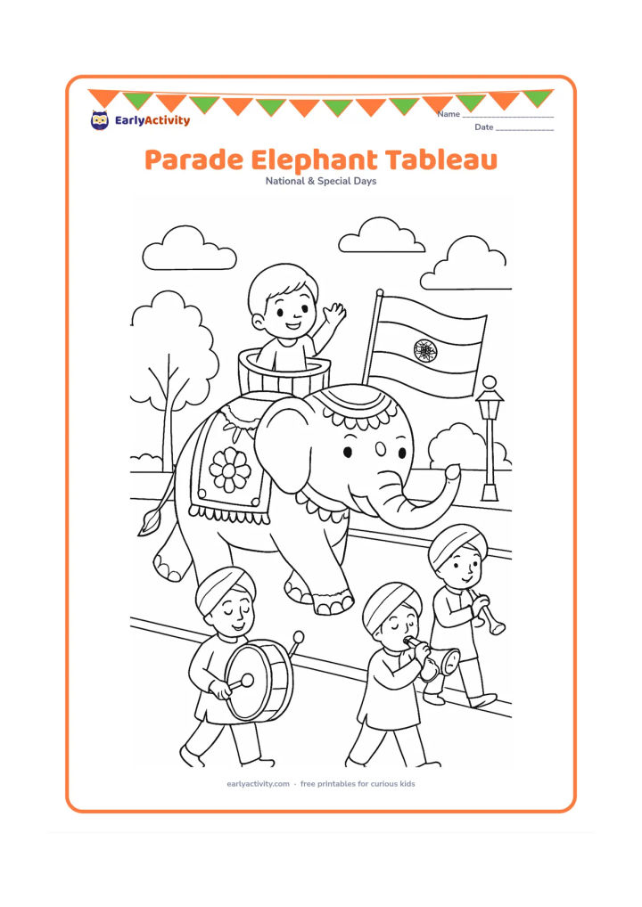 Colouring page: Draw a decorated parade elephant moving slowly in a Republic Day procession, with a child waving from a secure seat and an Indian flag carried by a marcher beside it. Add musicians,…