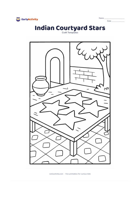 Worksheet: Show several blank star templates drying on a low craft table in an Indian home courtyard, with a clay pot, patterned floor tiles and a simple doorway in the background. Keep the stars…