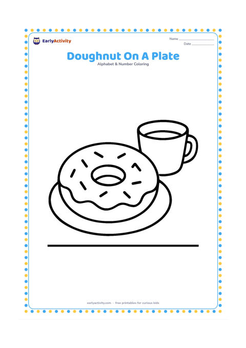 Colouring page: A large ring-shaped doughnut rests on a plate beside a small cup. Add a few simple sprinkle shapes and a table edge.