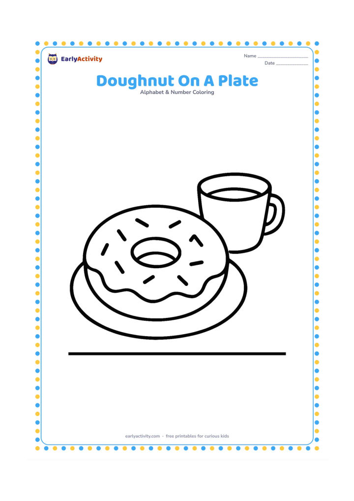 Colouring page: A large ring-shaped doughnut rests on a plate beside a small cup. Add a few simple sprinkle shapes and a table edge.