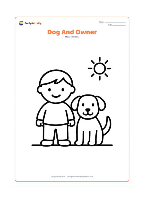 Worksheet: Show a simple child and friendly dog standing side by side through blank, unlabeled stages, using large circles, ovals and lines. Add only a ground line and a small sun in the final stage.