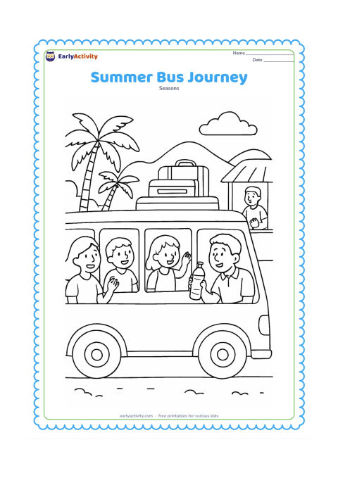 Colouring page: Children and adults travel in a generic bus during a summer holiday, with open windows, a parent offering water, luggage, roadside palm trees, a small tea stall and distant hills outside.