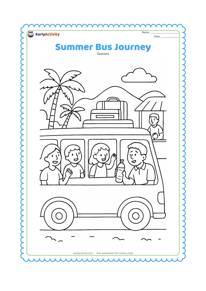 Colouring page: Children and adults travel in a generic bus during a summer holiday, with open windows, a parent offering water, luggage, roadside palm trees, a small tea stall and distant hills outside.