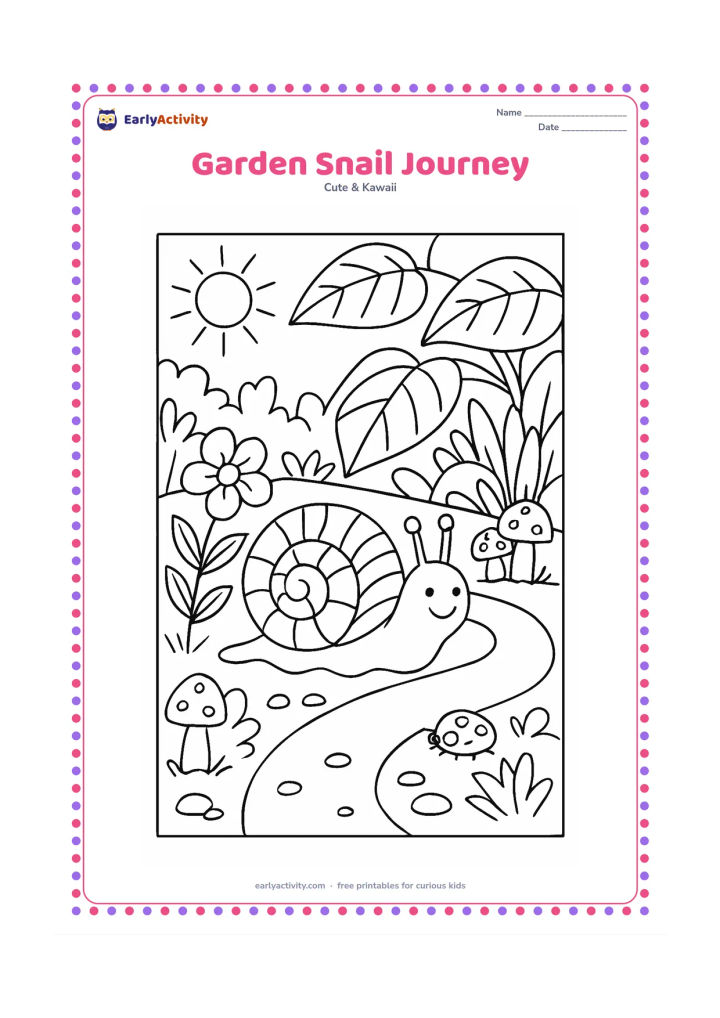 Colouring page: A smiling snail travels along a winding garden path beneath oversized leaves, passing flowers, mushrooms, pebbles and a tiny ladybird. Add a sunlit meadow and layered plants in the…