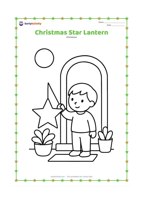 Colouring page: A child holds a large hanging star lantern outside a home doorway, with two potted plants and a simple step. Show a calm evening sky with one large moon.