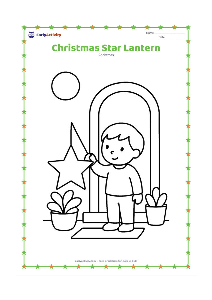 Colouring page: A child holds a large hanging star lantern outside a home doorway, with two potted plants and a simple step. Show a calm evening sky with one large moon.