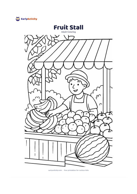Colouring page: Show a cheerful outdoor fruit stall with large piles of bananas, oranges, apples, and a watermelon on a wooden counter. Include a striped canopy, a leafy tree, and one friendly vendor…