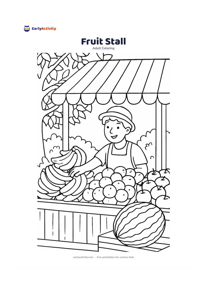 Colouring page: Show a cheerful outdoor fruit stall with large piles of bananas, oranges, apples, and a watermelon on a wooden counter. Include a striped canopy, a leafy tree, and one friendly vendor…