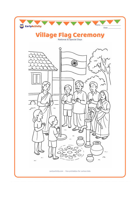 Colouring page: Villagers and children gather around a flagpole in an Indian village courtyard during a clear winter morning. Include a teacher, elders, a hand pump, a rangoli, clay pots, a tiled roof…