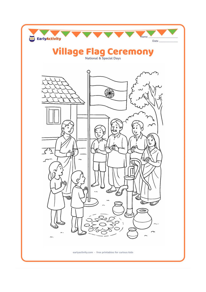 Colouring page: Villagers and children gather around a flagpole in an Indian village courtyard during a clear winter morning. Include a teacher, elders, a hand pump, a rangoli, clay pots, a tiled roof…