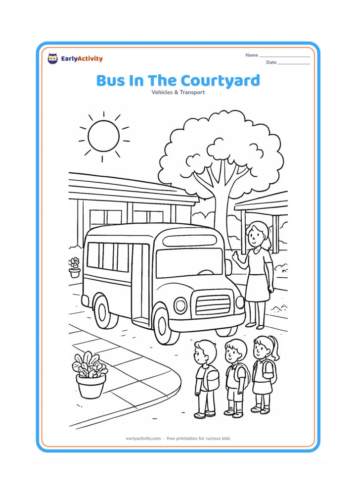 Colouring page: Draw a school bus turning slowly through a sunny school courtyard, with several children standing in an orderly group beside a teacher and holding their backpacks. Include paving stones,…