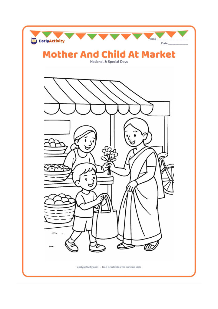 Colouring page: A child helps their mother carry a reusable shopping bag at an Indian outdoor market, where a friendly flower seller offers a small bunch of flowers. Include an awning, baskets of…